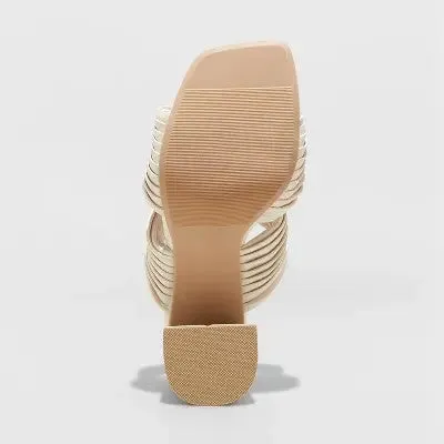 A New Day Women's Chunky Block High Heel Slip On Mules Sandals Embossed Striped