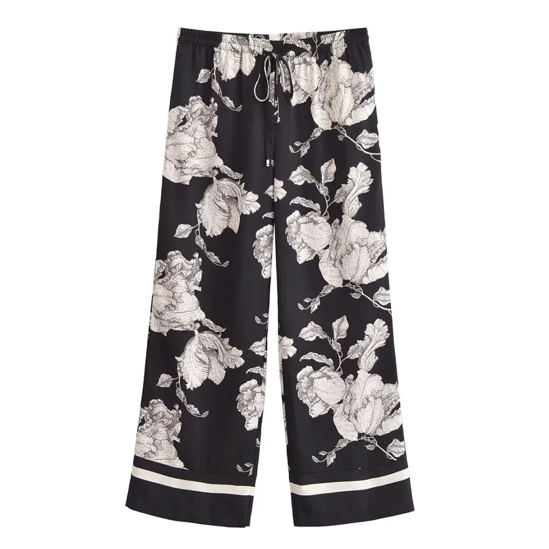 Callista Printed Co-Ord Set  Button-Up Shirt and Wide-Leg Trousers in Black or Green