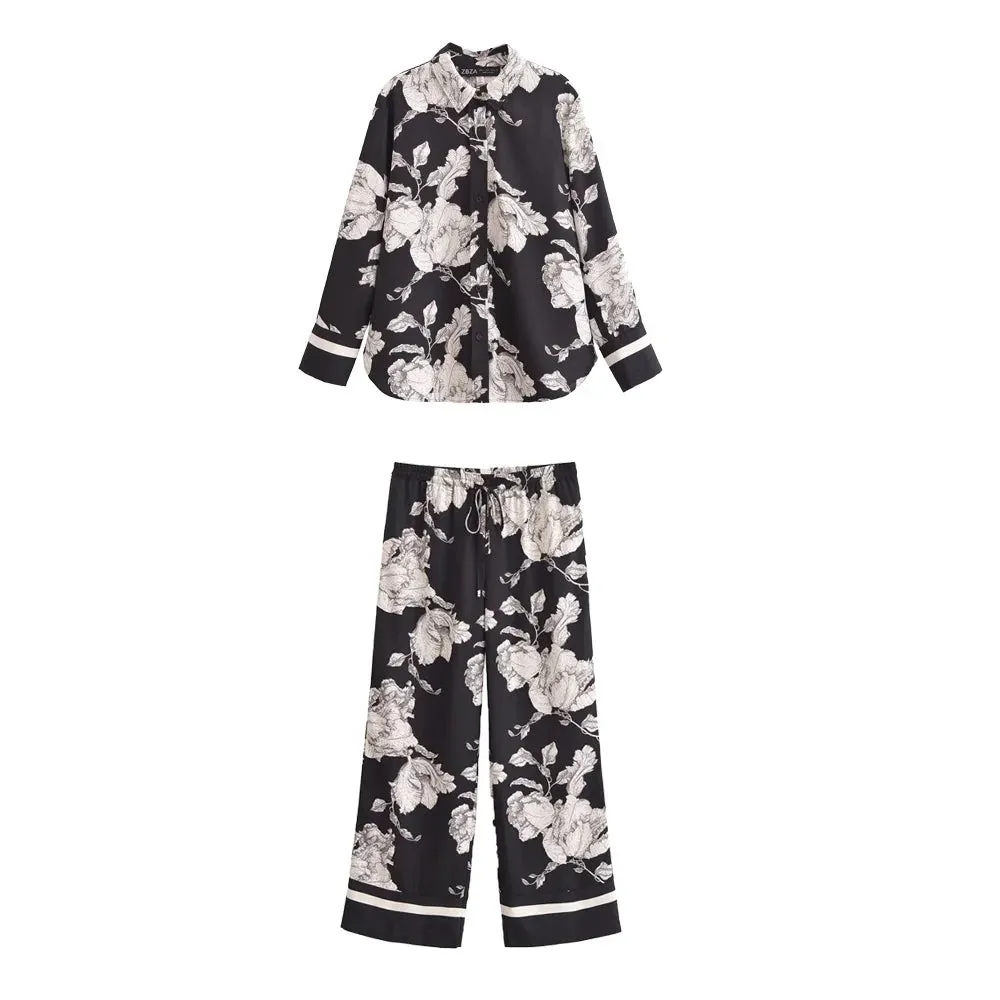 Callista Printed Co-Ord Set  Button-Up Shirt and Wide-Leg Trousers in Black or Green