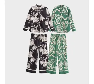 Callista Printed Co-Ord Set  Button-Up Shirt and Wide-Leg Trousers in Black or Green