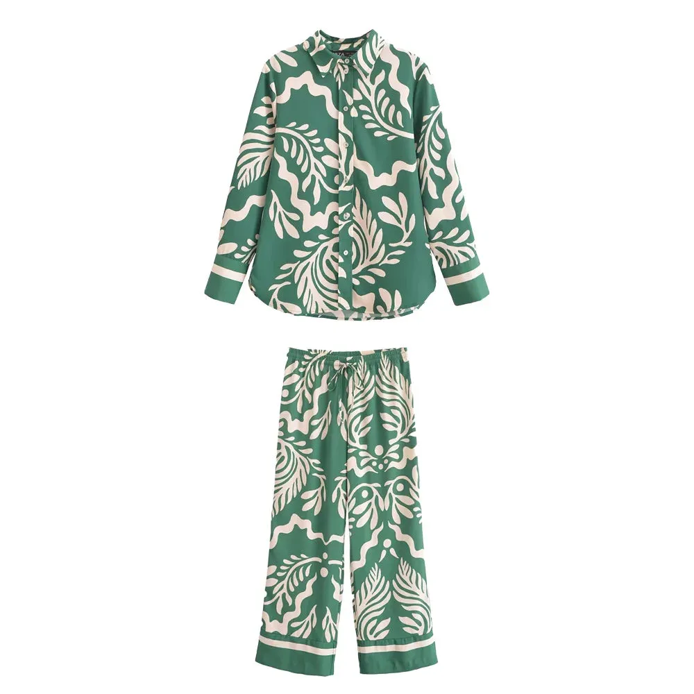 Callista Printed Co-Ord Set  Button-Up Shirt and Wide-Leg Trousers in Black or Green