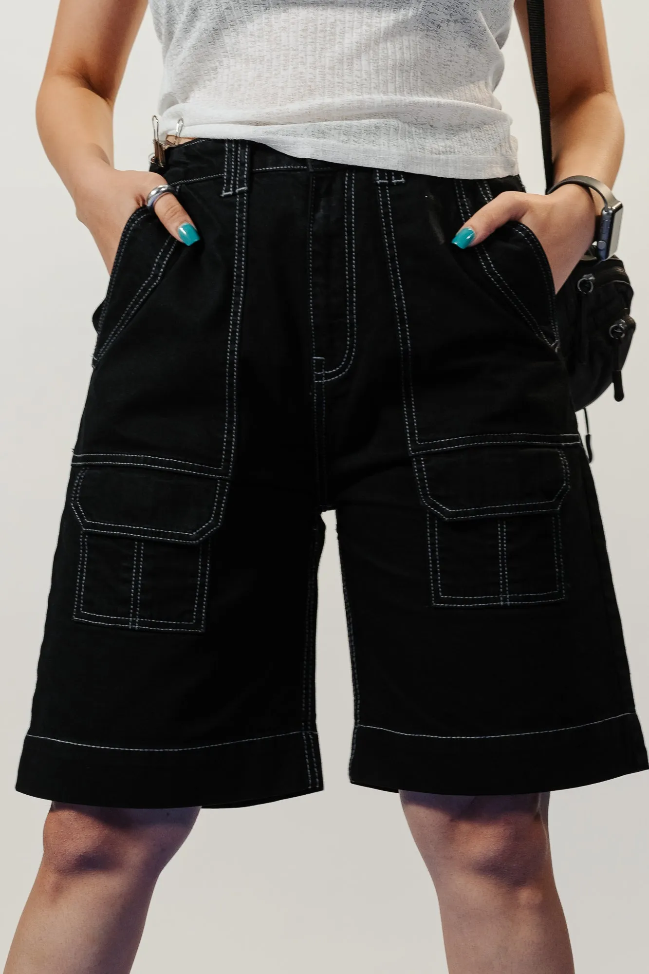 Contrast Stitch Black Shorts