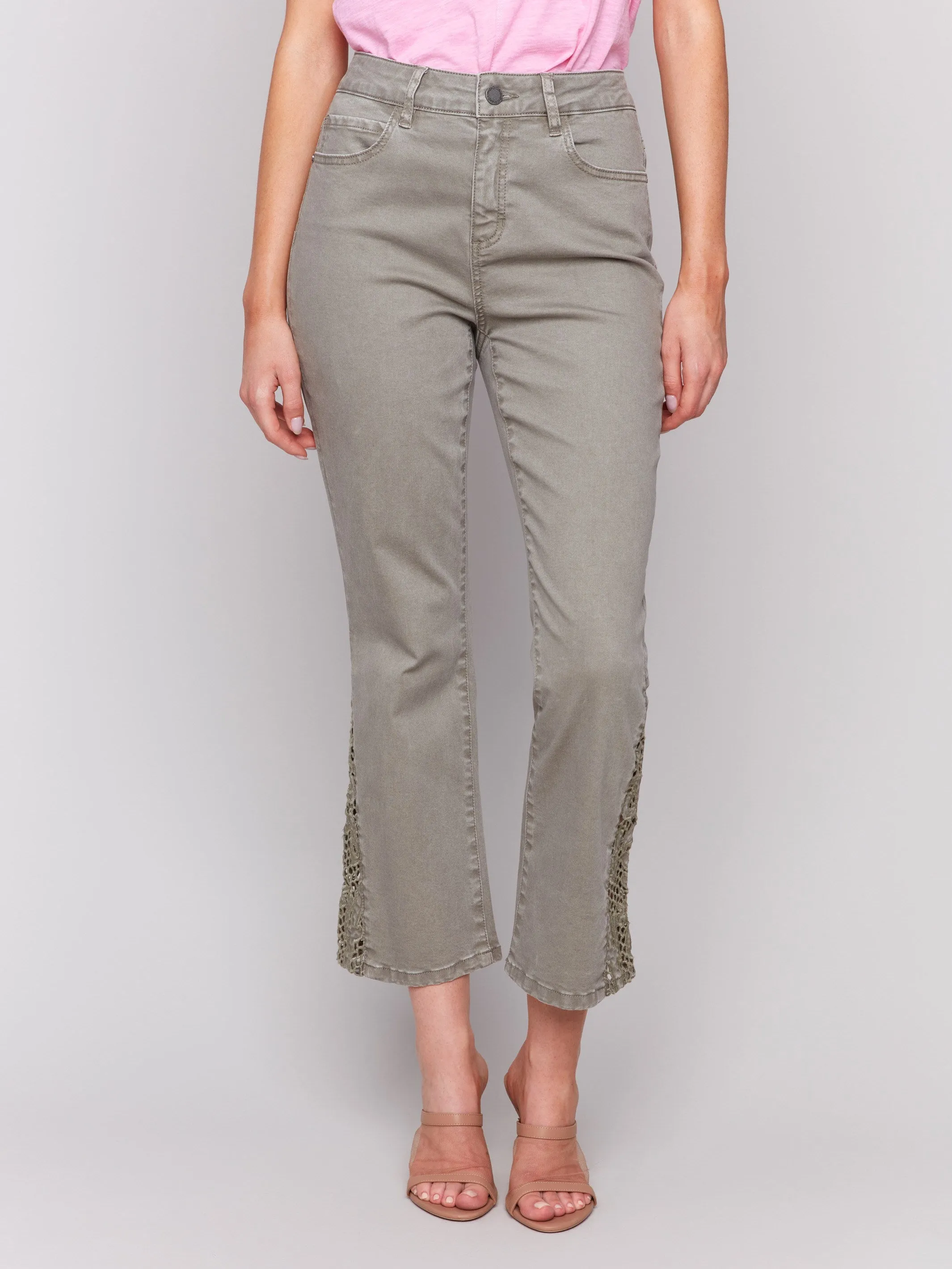 Lace Cut Side Bootcut Twill Pants - Celadon