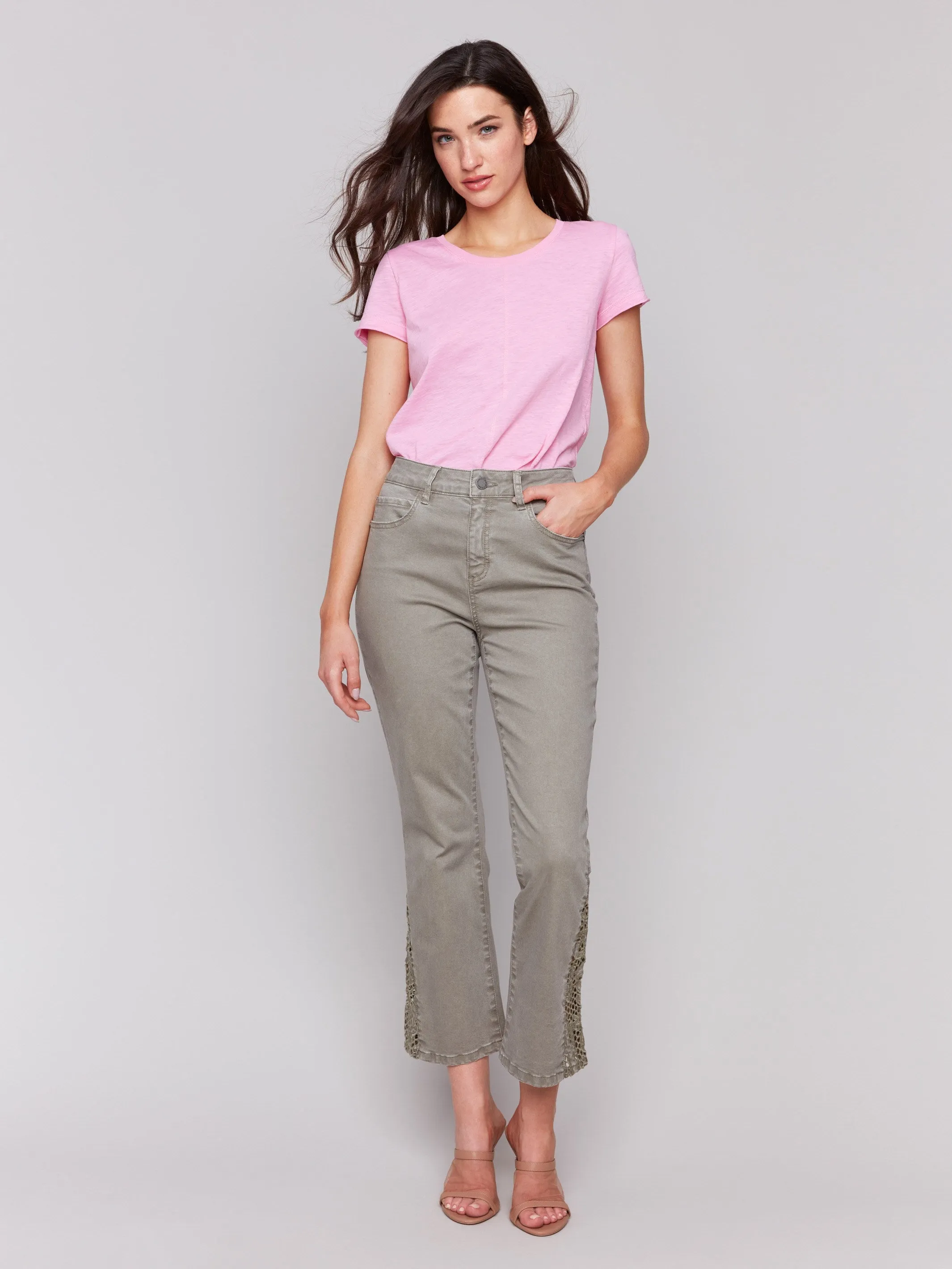 Lace Cut Side Bootcut Twill Pants - Celadon