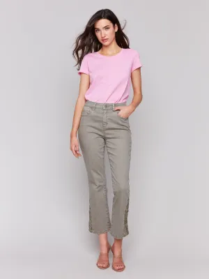 Lace Cut Side Bootcut Twill Pants - Celadon