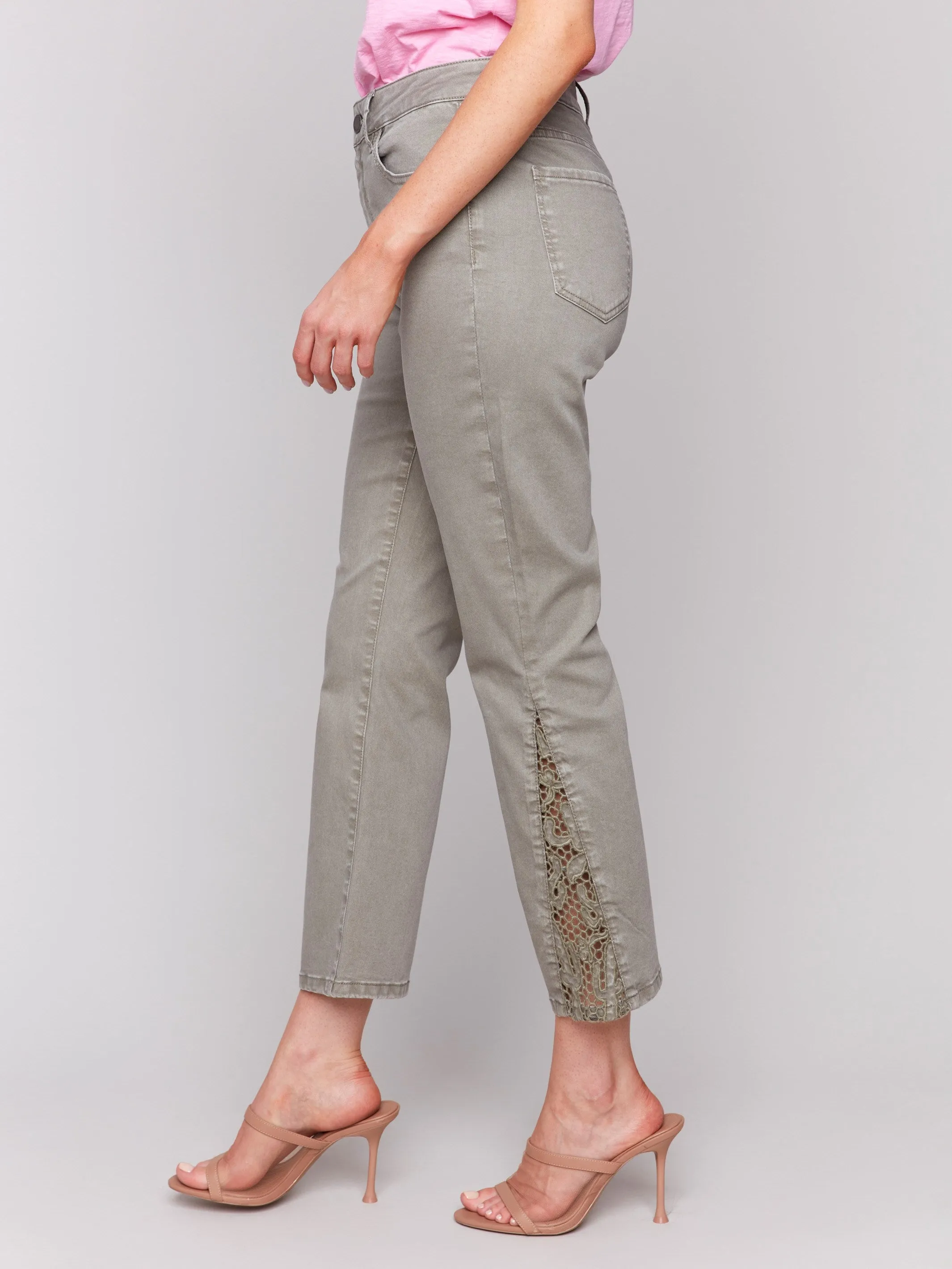 Lace Cut Side Bootcut Twill Pants - Celadon