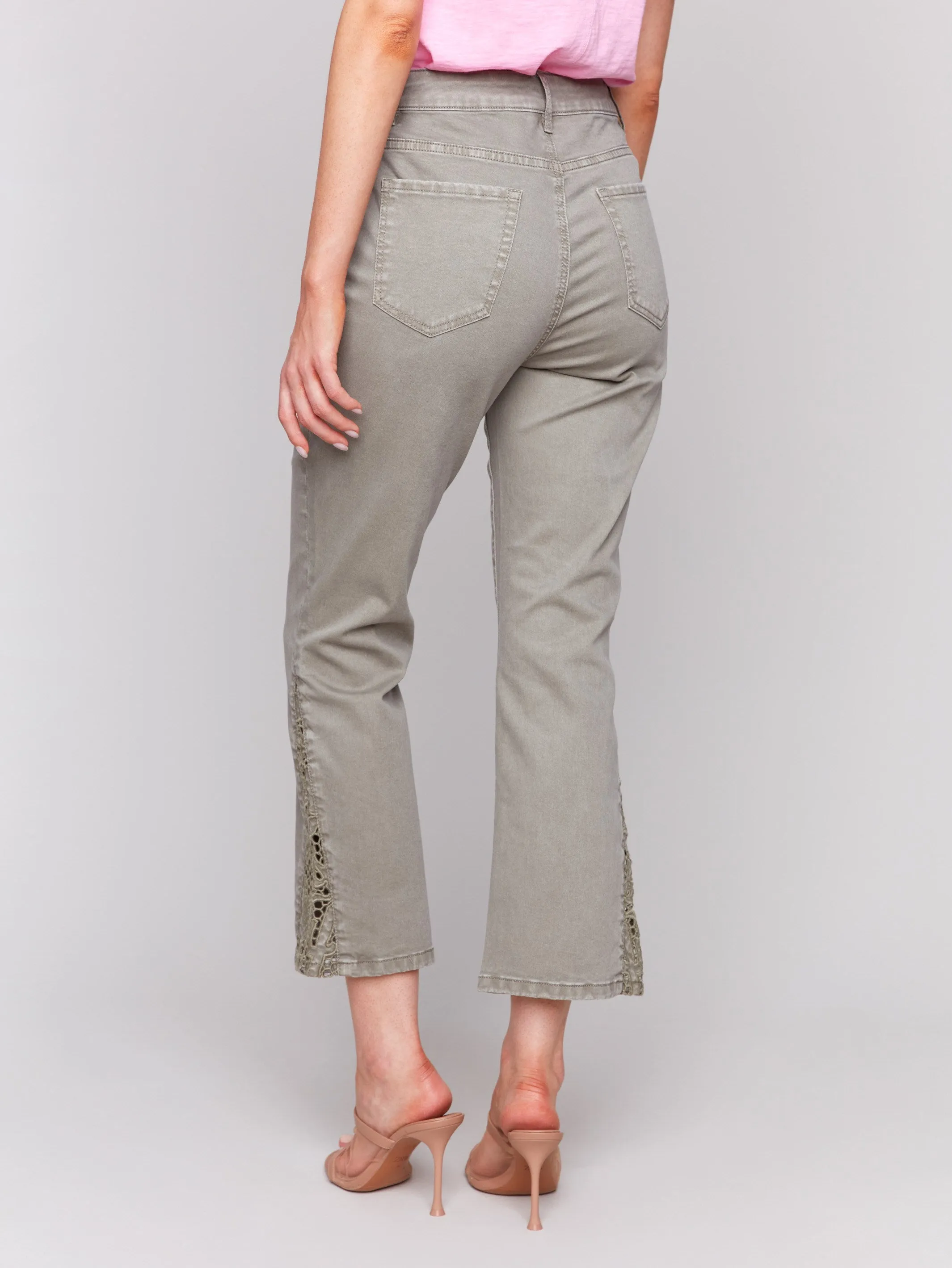 Lace Cut Side Bootcut Twill Pants - Celadon
