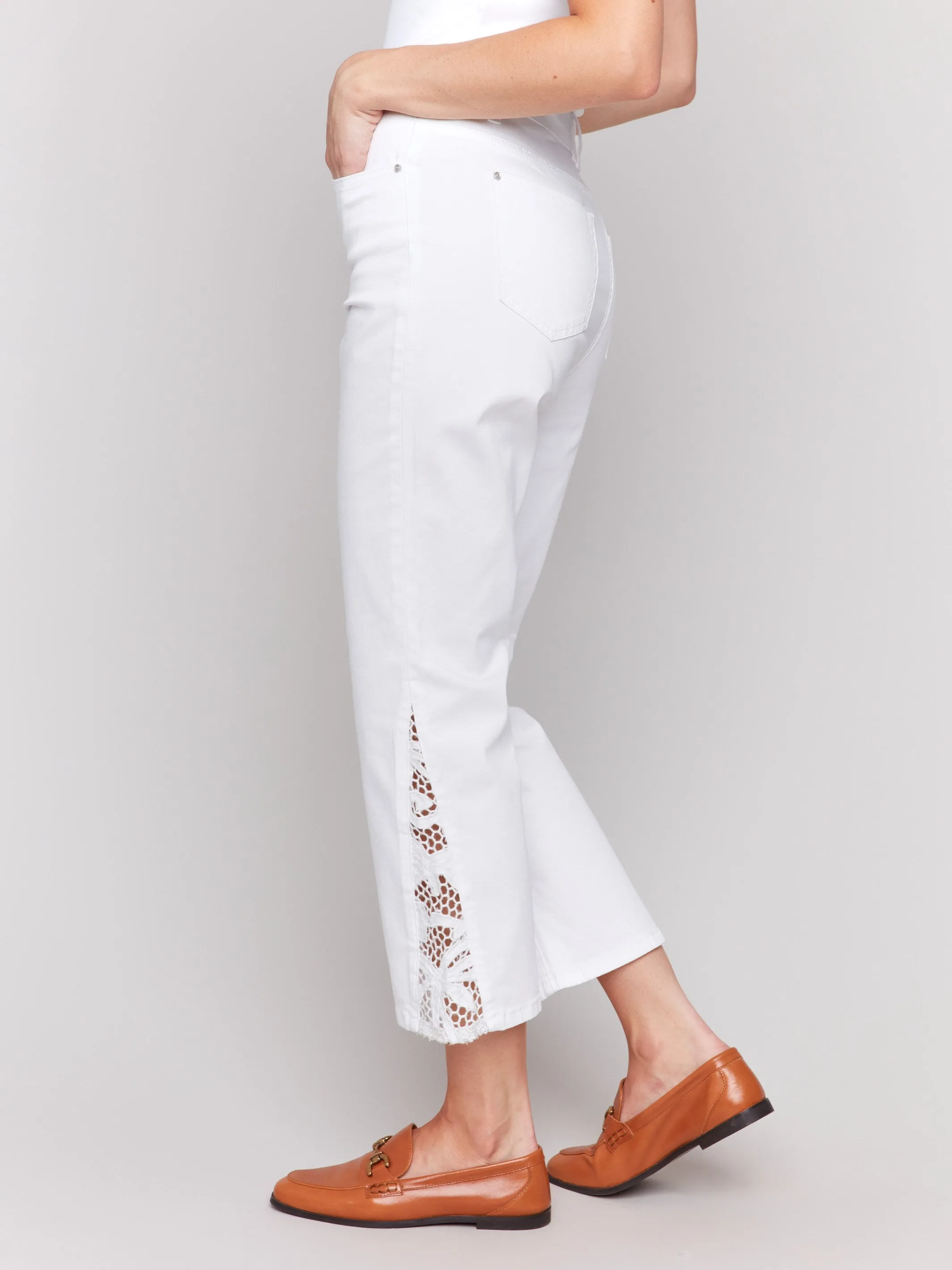 Lace Cut Side Bootcut Twill Pants - White