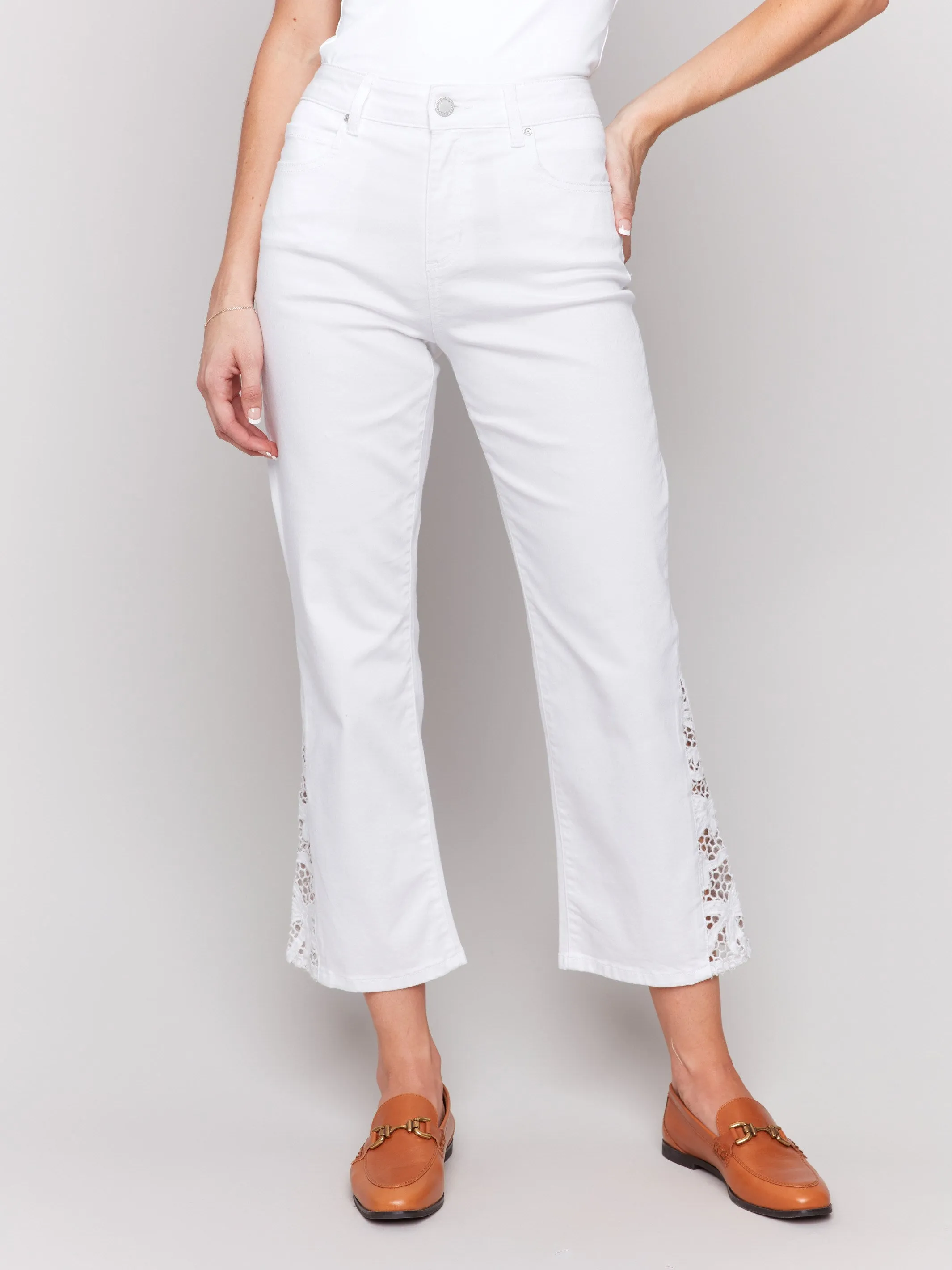 Lace Cut Side Bootcut Twill Pants - White
