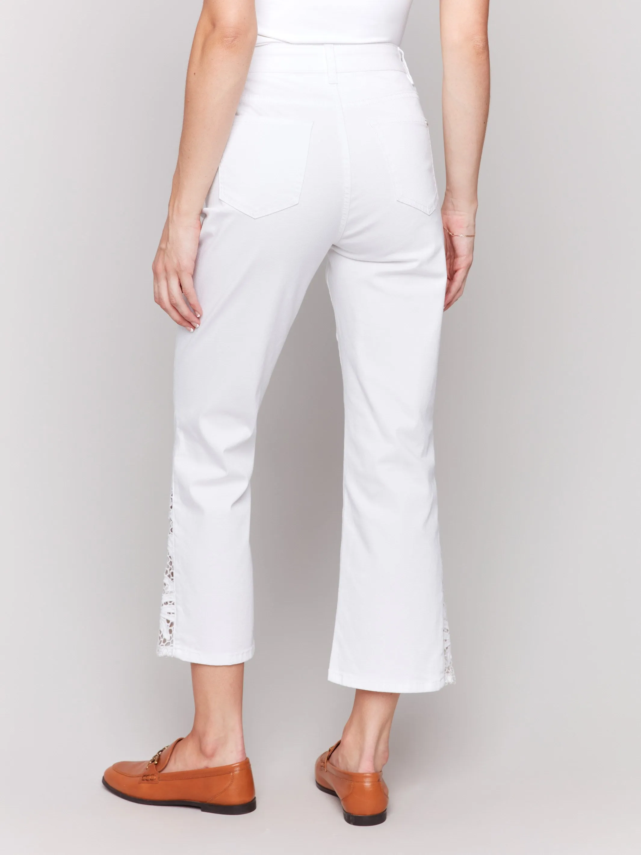 Lace Cut Side Bootcut Twill Pants - White