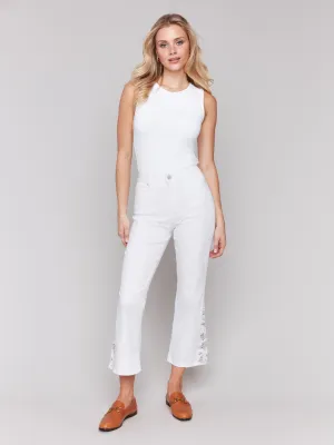 Lace Cut Side Bootcut Twill Pants - White