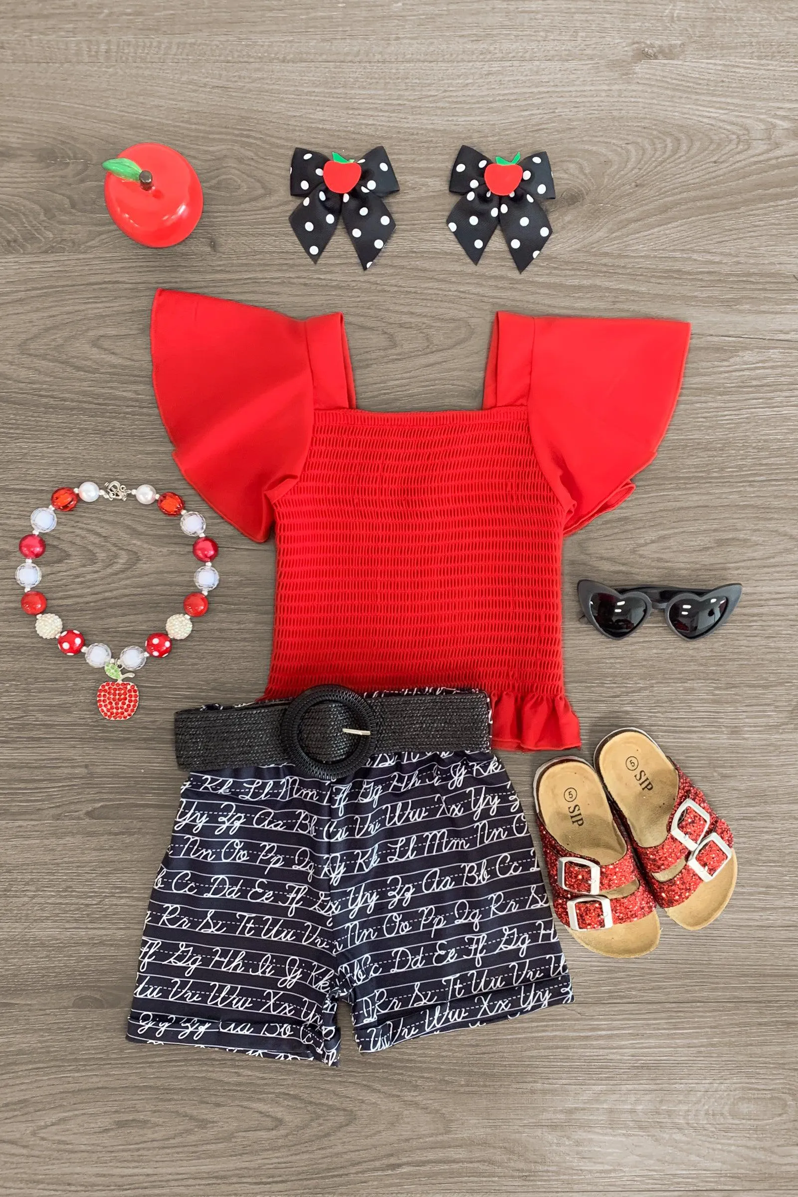 Red Smocked Alphabet Short Set