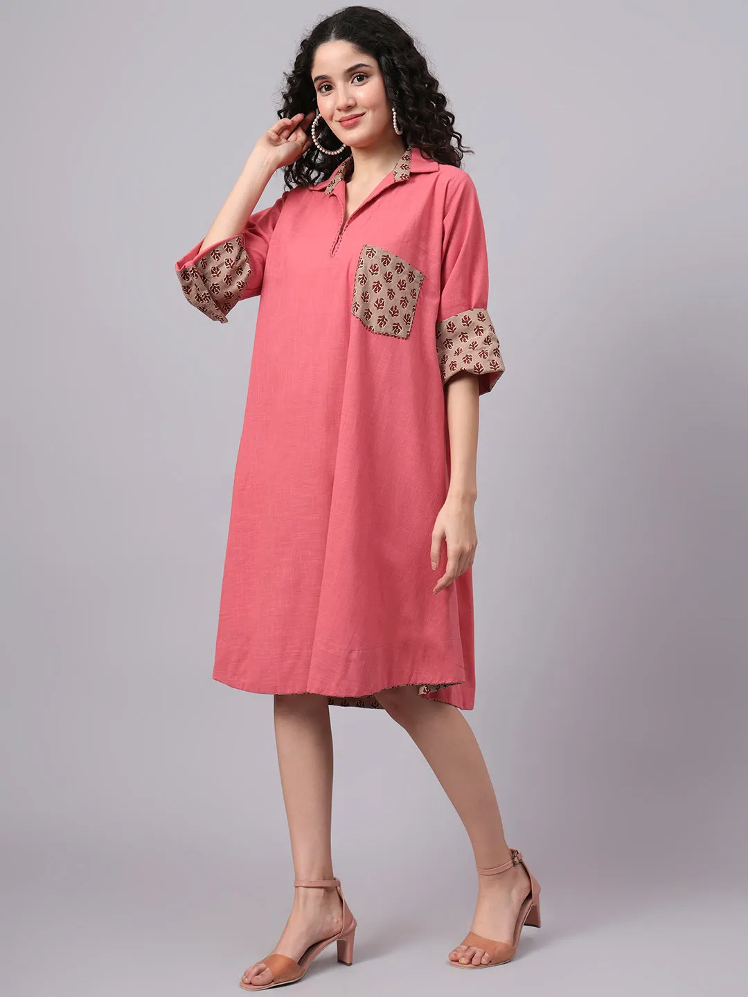 Womens Coral Pink & Beige Collared A-Line Cotton Dress | The Saffron Saga