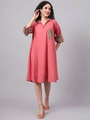 Womens Coral Pink & Beige Collared A-Line Cotton Dress | The Saffron Saga