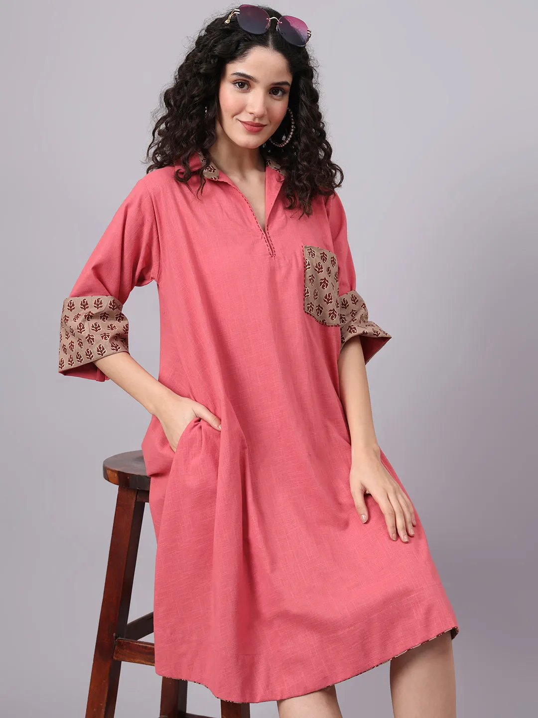 Womens Coral Pink & Beige Collared A-Line Cotton Dress | The Saffron Saga
