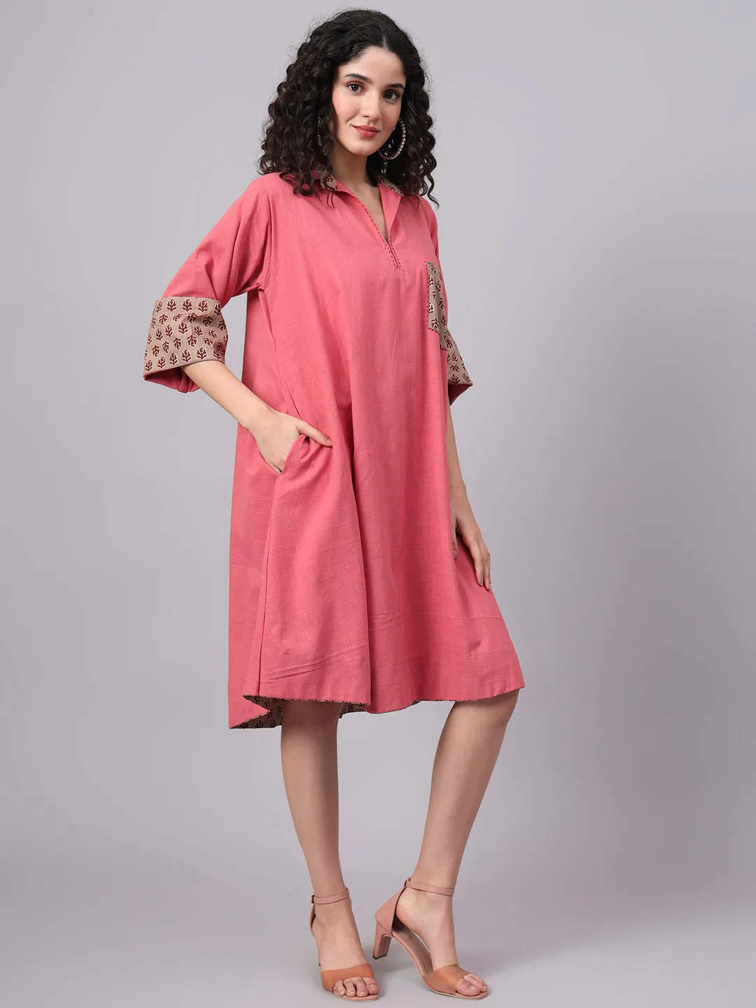 Womens Coral Pink & Beige Collared A-Line Cotton Dress | The Saffron Saga