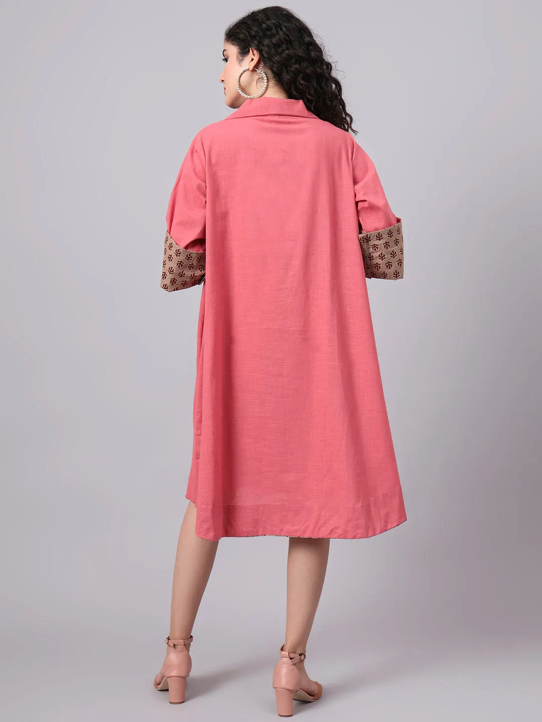 Womens Coral Pink & Beige Collared A-Line Cotton Dress | The Saffron Saga