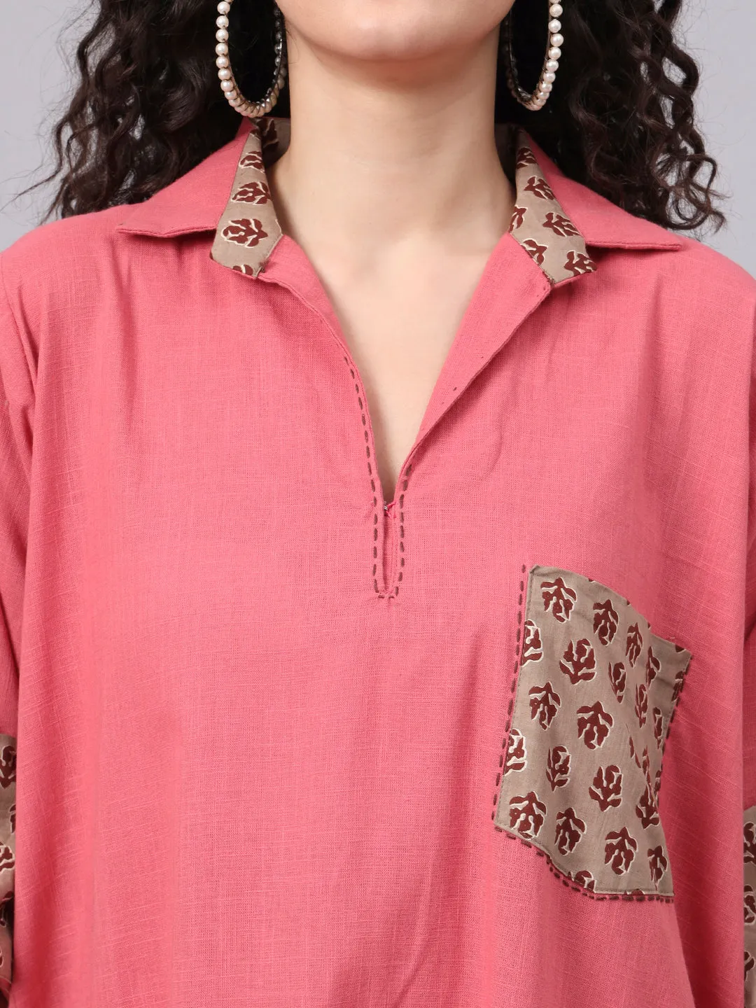 Womens Coral Pink & Beige Collared A-Line Cotton Dress | The Saffron Saga
