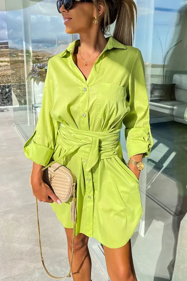 Women's Shirt Dress - Button Down - Waist Tie - Long Sleeve - Smart Casual