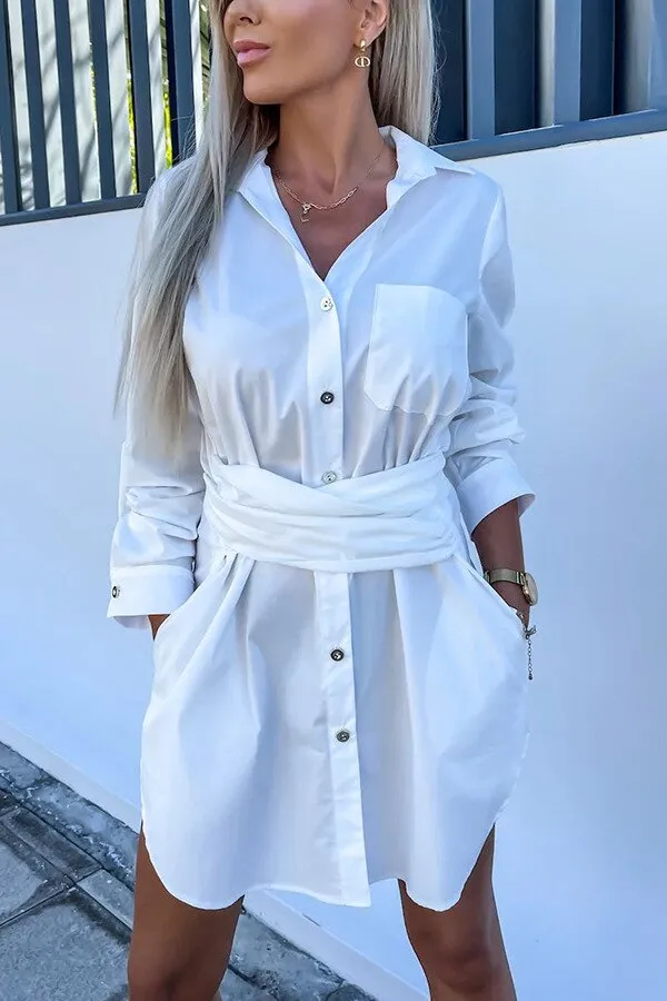 Women's Shirt Dress - Button Down - Waist Tie - Long Sleeve - Smart Casual